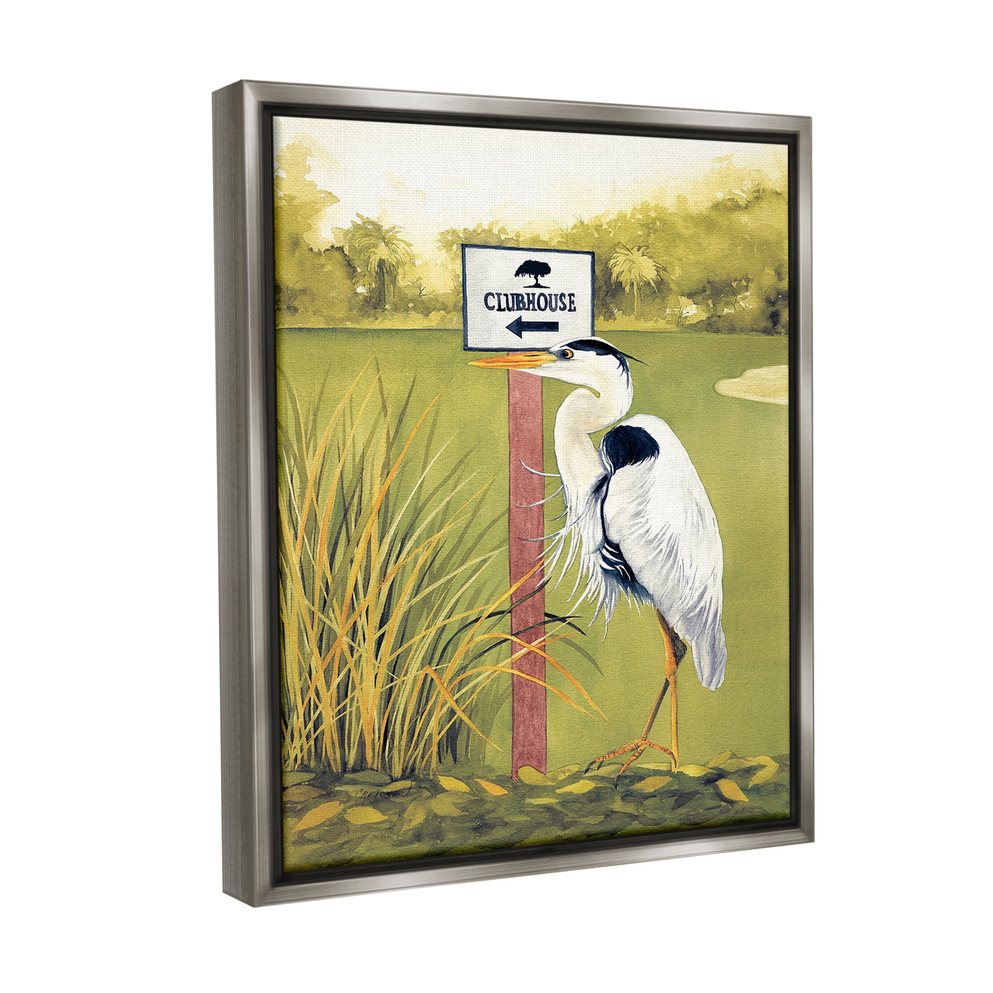 Stupell Industries Heron & Clubhouse Sign Animals & Insects Painting Gray Floater Framed Canvas Art Print Wall Art, 25 x 31