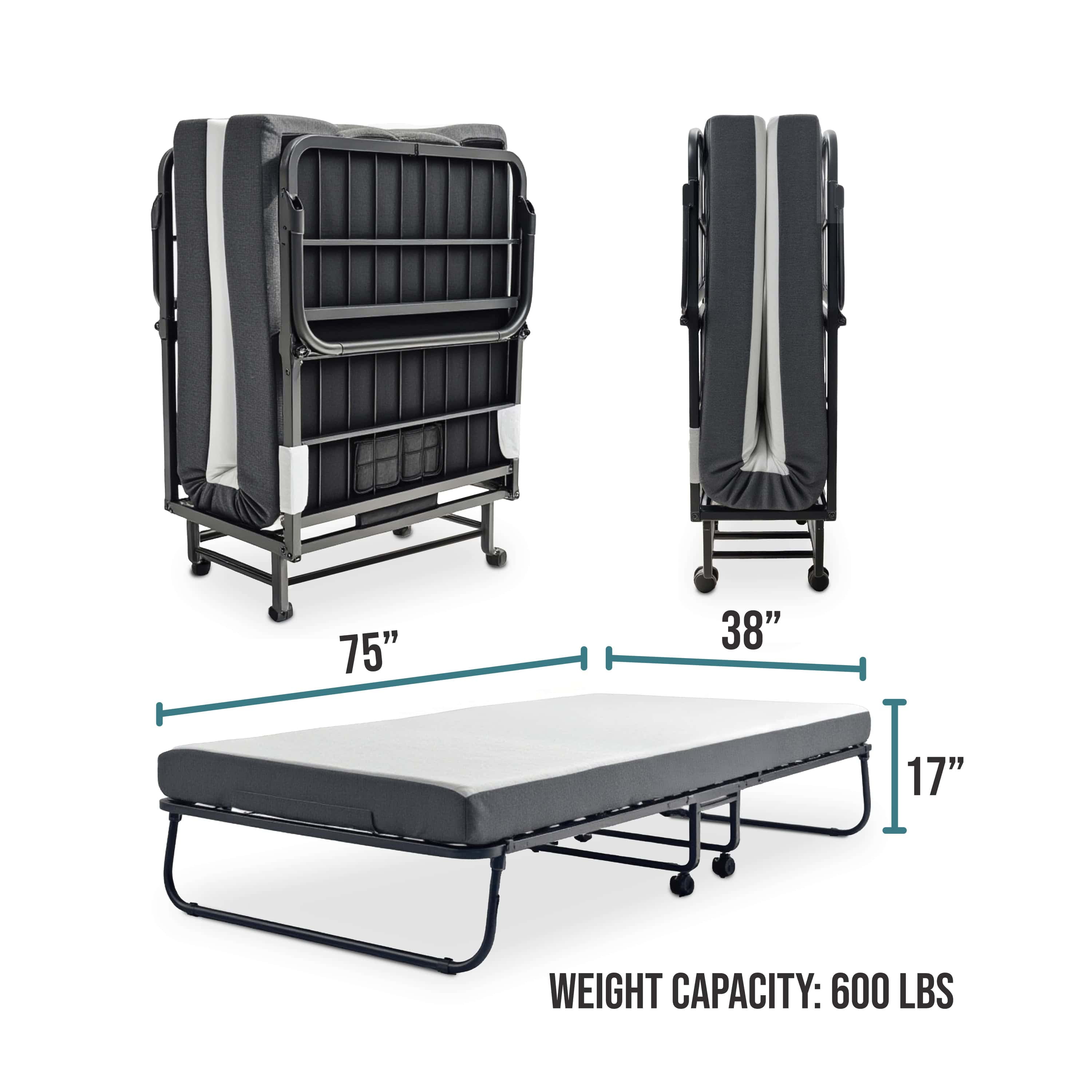 LammaLoe Folding Bed with Mattress, 5" Memory Foam Roll away Bed with Sturdy Steel Frame, Locking Wheels & Storage Cover, Twin Foldable Bed 75" x 38"