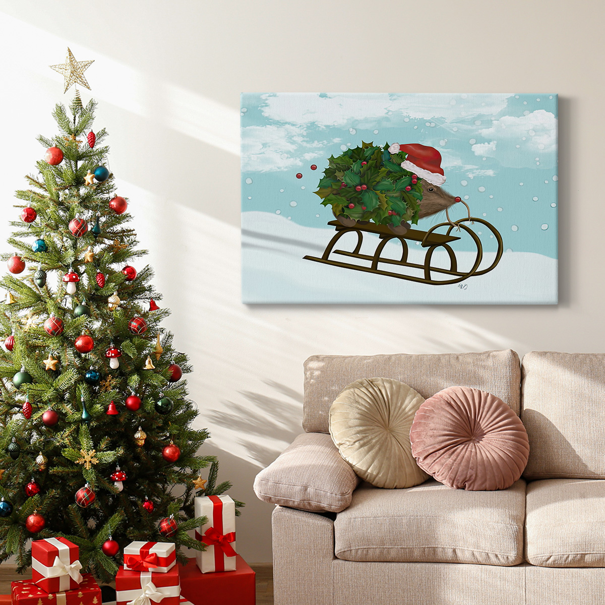 Christmas Holly Hedgehog Sledding- Gallery Wrapped Canvas