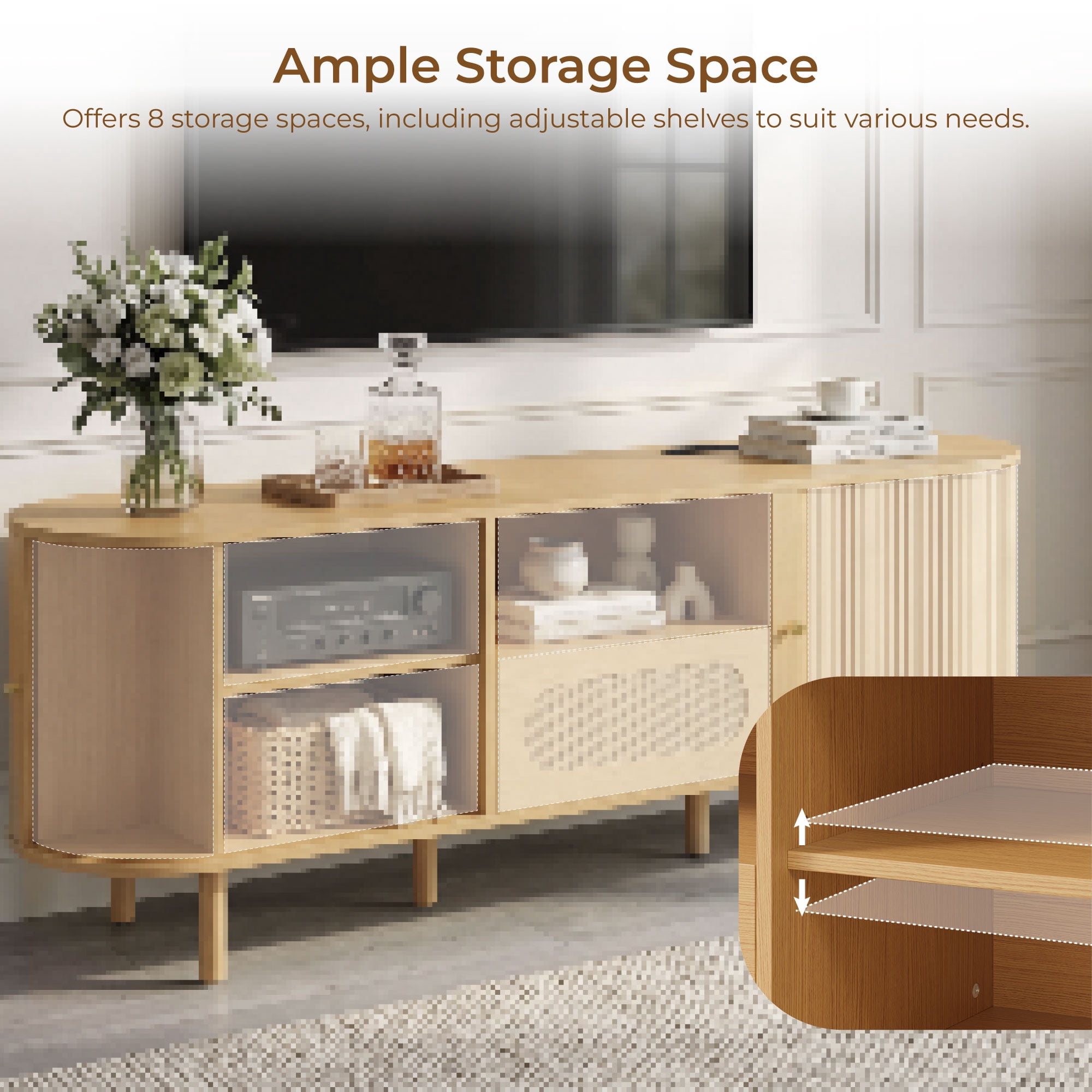 Spruce & Spring Tambour TV Stand with Power Outlet, Mid-Century Modern Entertainment Center, Rattan Drawer & Fluted Sliding Doors, Solid Wood Legs & Cable Management, Oak, for TVs up to 70 Inch