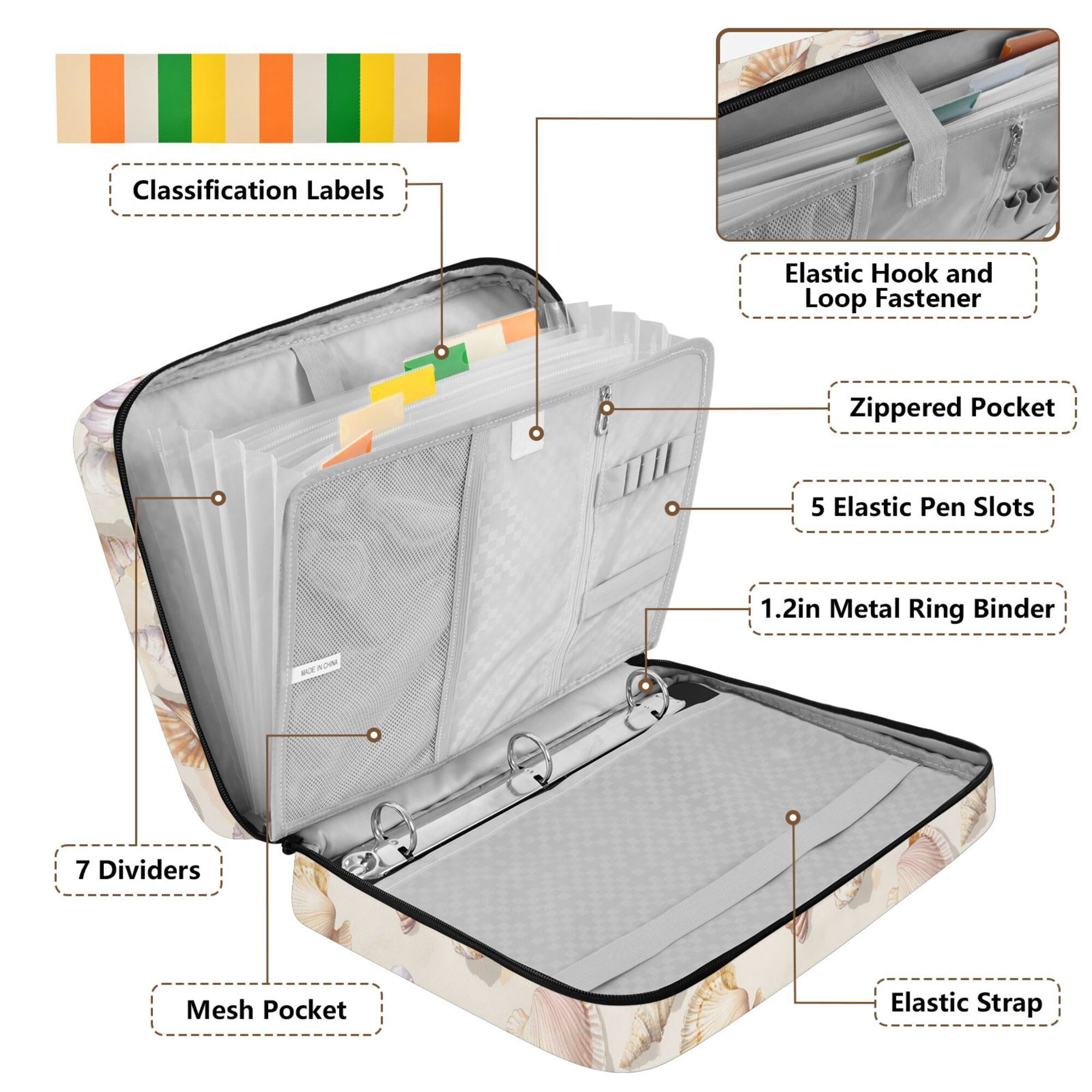 FORMRS Accordion File Folder A4 Size 7-Pocket Expanding Document Organizer Bag with 3 Ring Binder, Colorful Watercolor Seashells