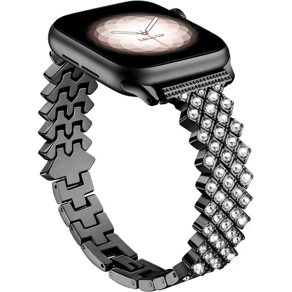 KOMI Compatible with Apple Watch Band 38mm 40mm 41mm 42mm 44mm 45mm iWatch Series 8/7/6/5/4/3/2/1/SE, Women Bling Diamond Rhinestone Wristband Dressy Jewelry Strap Replacement Metal Bracelet Black