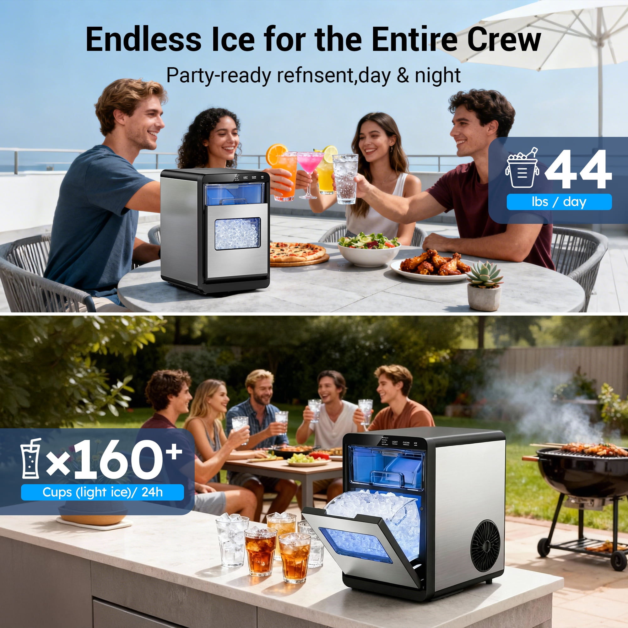 Snowyermine Nugget Ice Maker Countertop, 44lbs per Day Chewable Pebble Nugget Ice Machine with Touch Screen for Home, Kitchen, Office, Stainless Steel, Silver