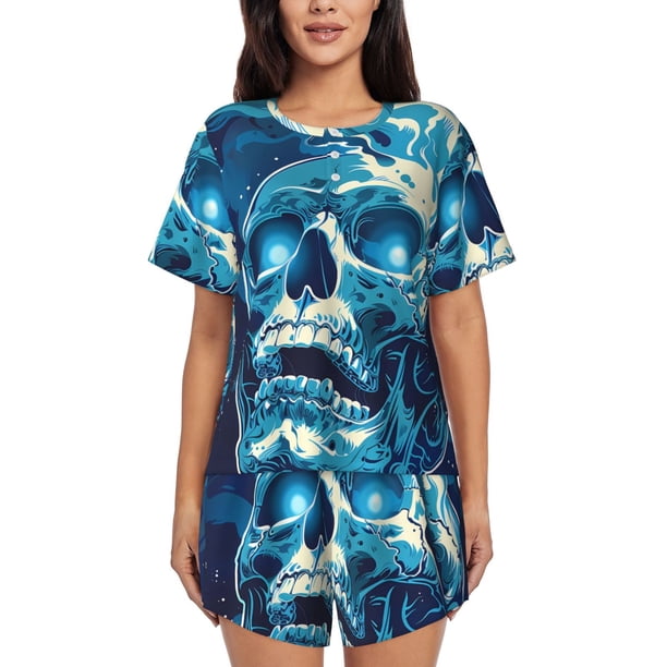 Fotbe Abstract Blue Skull Conjunto de Pijama Estampado para Mujer, 2 Piezas, Ropa de Dormir con Camiseta de Manga Corta y Shorts Suaves-X-Large