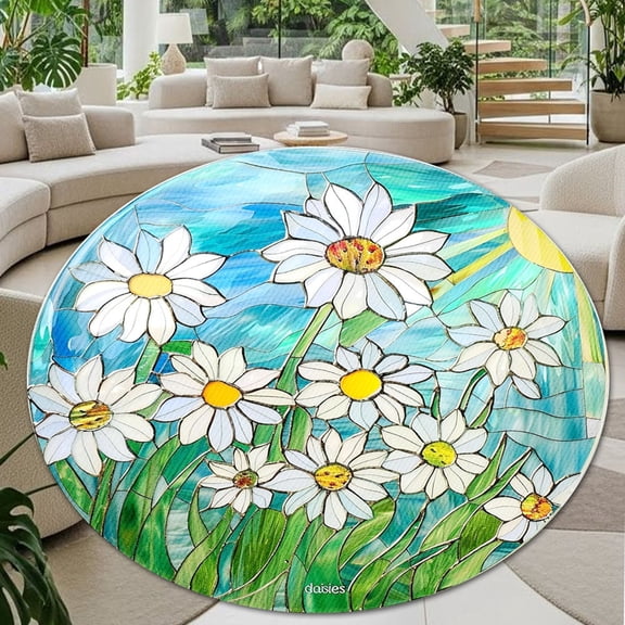 Circle Area Rug, Daisies1 Washable Non-Slip Floor Carpet, Soft Rug for Living Room Bedroom Decor 24 Inch