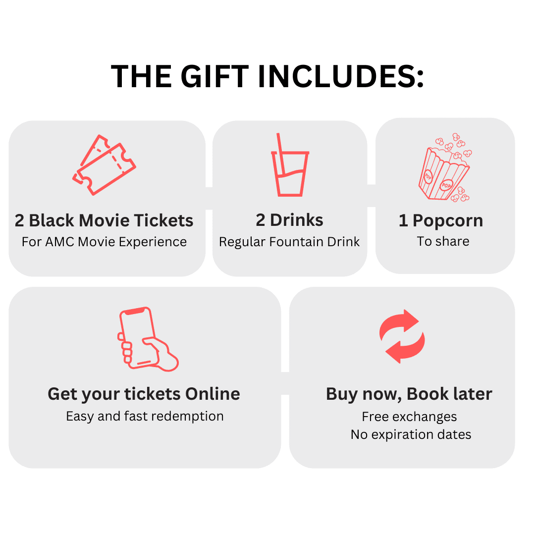 AMC Movie Bundle Wonderbox Gift with 2 Black Tickets, 2 Drinks and 1 Popcorn