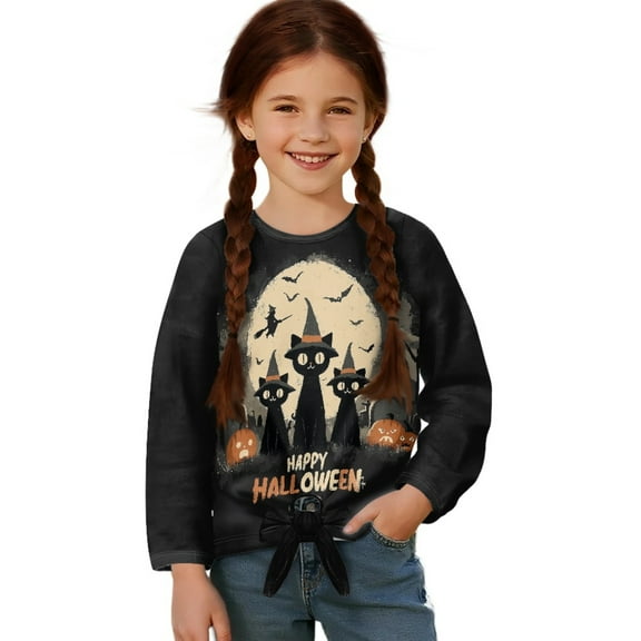 Xixirimido Black Cat Bat Moon Halloween Pattern Girls Long Sleeve Shirts Cute Kids Fashion Crew Neck Tunic Tops Tie-hem Tees for Fall Winter, Size 9-10