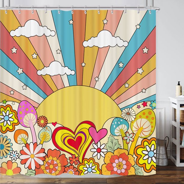 aoselan Retro Rainbow Floral Boho Shower Curtain, Abstract Bohemian
