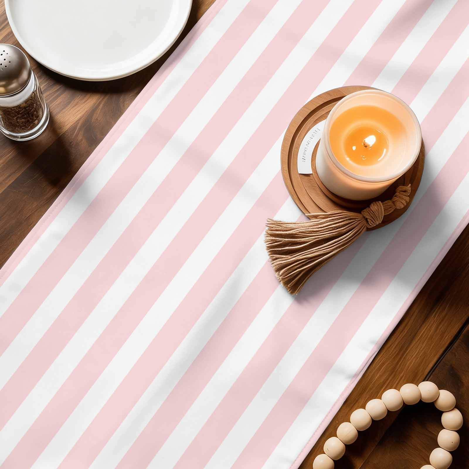 Pink Striped Table Runner, Modern Farmhouse Pink White Stripes Washable Cotton Linen Table Runners 108 Inches Long, Dresser Scarf Runner for Dining/Living Room/Kitchen/Square Tables 13''x108''
