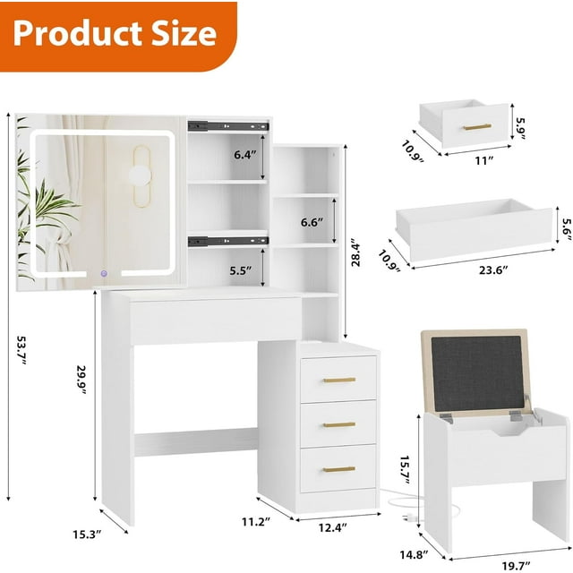 QinaQin 3 Lighting Modes Vanity Desk with Sliding Mirror, White