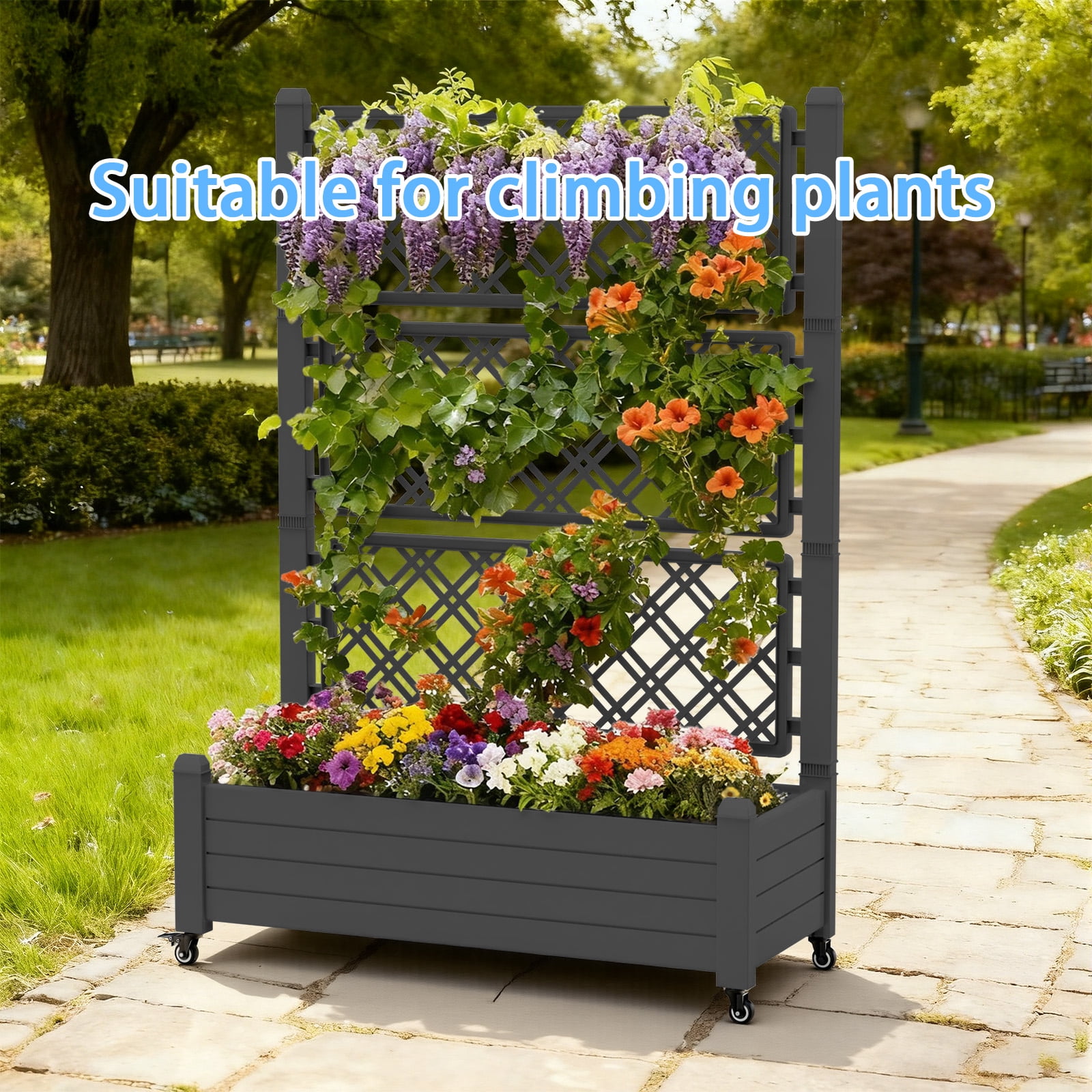 EasyUp Raised Garden Bed with Trellis for Climbing Plants,Outdoor Herb Garden Planter with Drainage Plug and Gauge,Durable Dust-Proof Resin for Garden, Patio, Balcony, and Backyard.Father's Day Gift