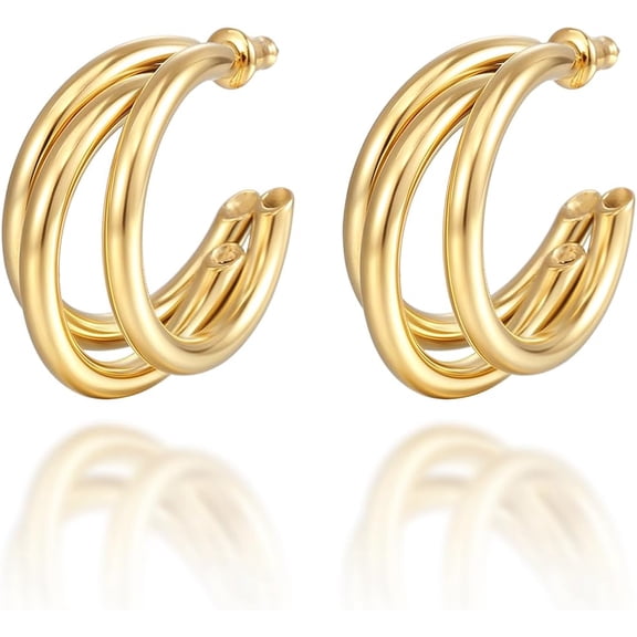 Chunky Open C Triple Hoop Statement Stud Earrings for Women - Fashion Trendy Cute Large Big Split Summer Jewelry Gift