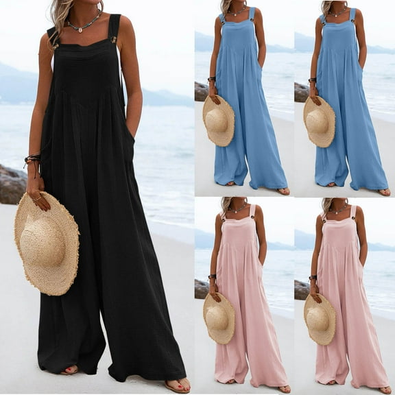 VerPetridure Women's Adjustable Strap Baggy Jumpsuits Bib Overalls for Women Summer Casual Loose Solid Sleeveless Rompers Wide Leg Long Pants with Pockets