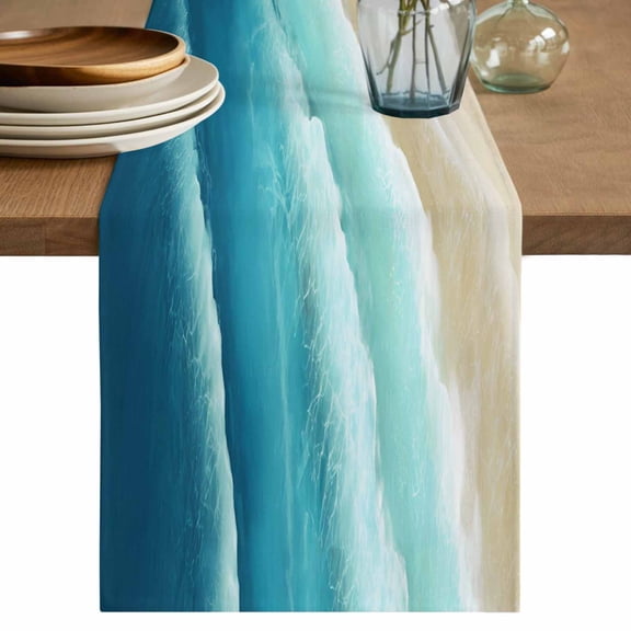 Teal Ombre Ocean Cotton Linen Table Runner for Dining Kitchen, Summer Beach Coastal Waves Gradient Wedding Outdoor Party Tablerunners Decoration, Dresser Scarf Coffee Tablecloth Runners 13x90 Inches