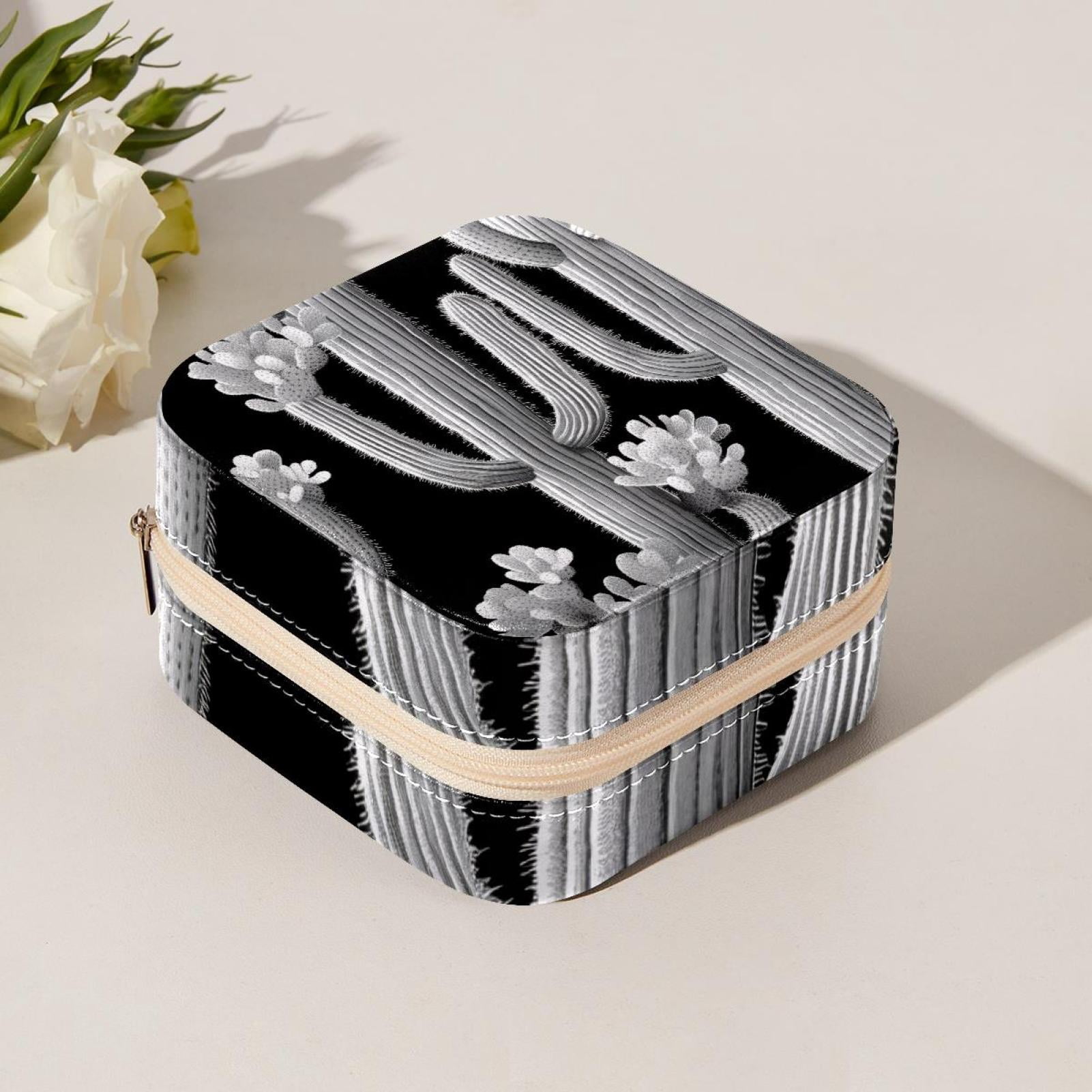 PhooArto Small Jewellery Box, Black White Flowers Cactus Pattern Portable Travel Mini Jewelry Case for Women Leather Ring Organizer