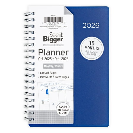 See it Bigger Monthly Weekly Planner Small (3.75 X 6.26) Blue 15-Month Oct 2025-Dec 2026