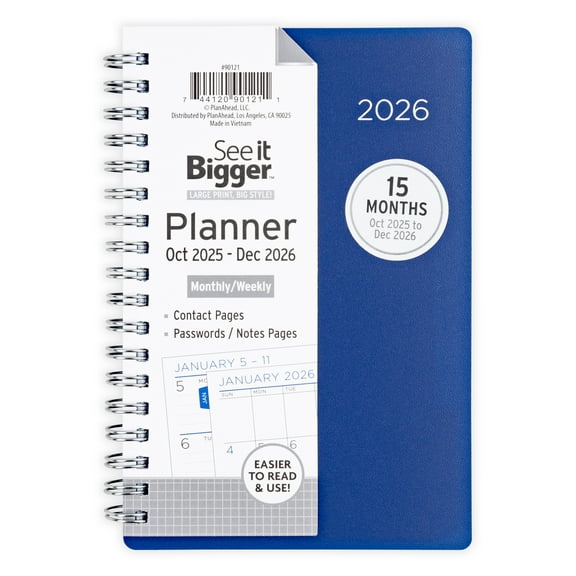 See it Bigger Monthly Weekly Planner Small (3.75 X 6.26) Blue 15-Month Oct 2025-Dec 2026