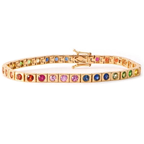 Rainbow sapphire tennis bracelet 14K gold plated , CZ rainbow gemstone bezel set tennis bracelet | multi sapphire rainbow bracelet gold
