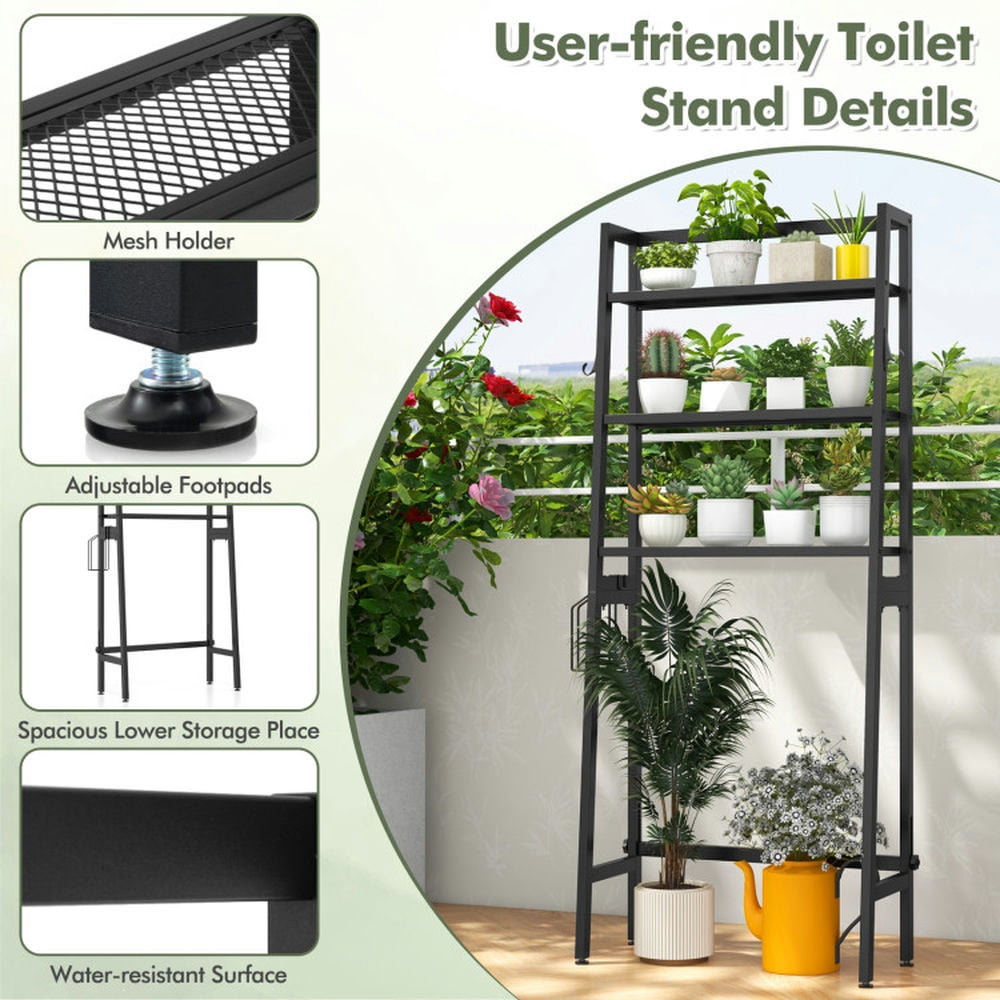 Finihen Toilet Storage Rack, Toilet Storage Shelf, 3-Tier Over The Toilet Storage Shelf with Adjustable Bottom Bar, for Bathroom, Black