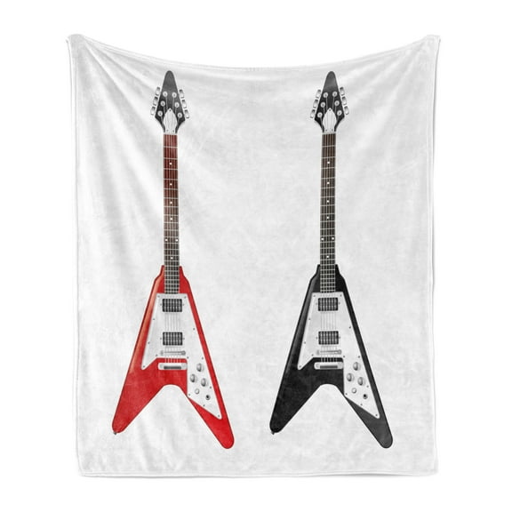 Guitar Soft Flannel Fleece Throw Blanket, Musical Instrument with V Shaped Design Famous Rock and Roll Strings Creativity, Cozy Plush for Indoor and Outdoor Use, 60" x 80", Multicolor, by Ambesonne
