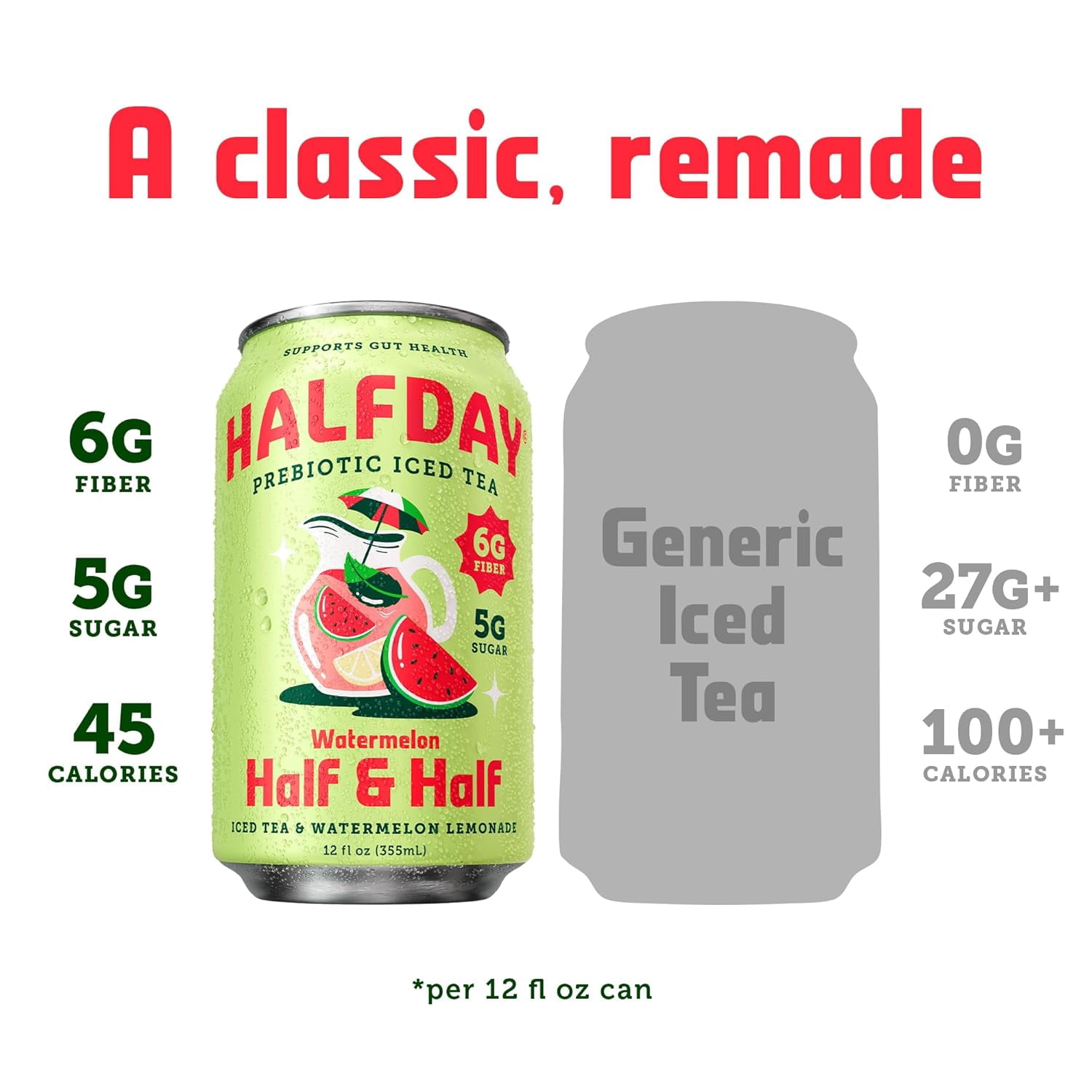 Halfday Prebiotic Watermelon Half & Half Iced Tea Drink, 6g Fiber, 12 fl oz Single Can