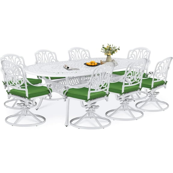 9-Piece Patio Dining Set, Outdoor Patio Table and Chair Set of 84” oval Cast Aluminum Dining Table with Umbrella Hole, 8 Patio Dining Swivel Chairs Padded, Patio Funiture Set, White