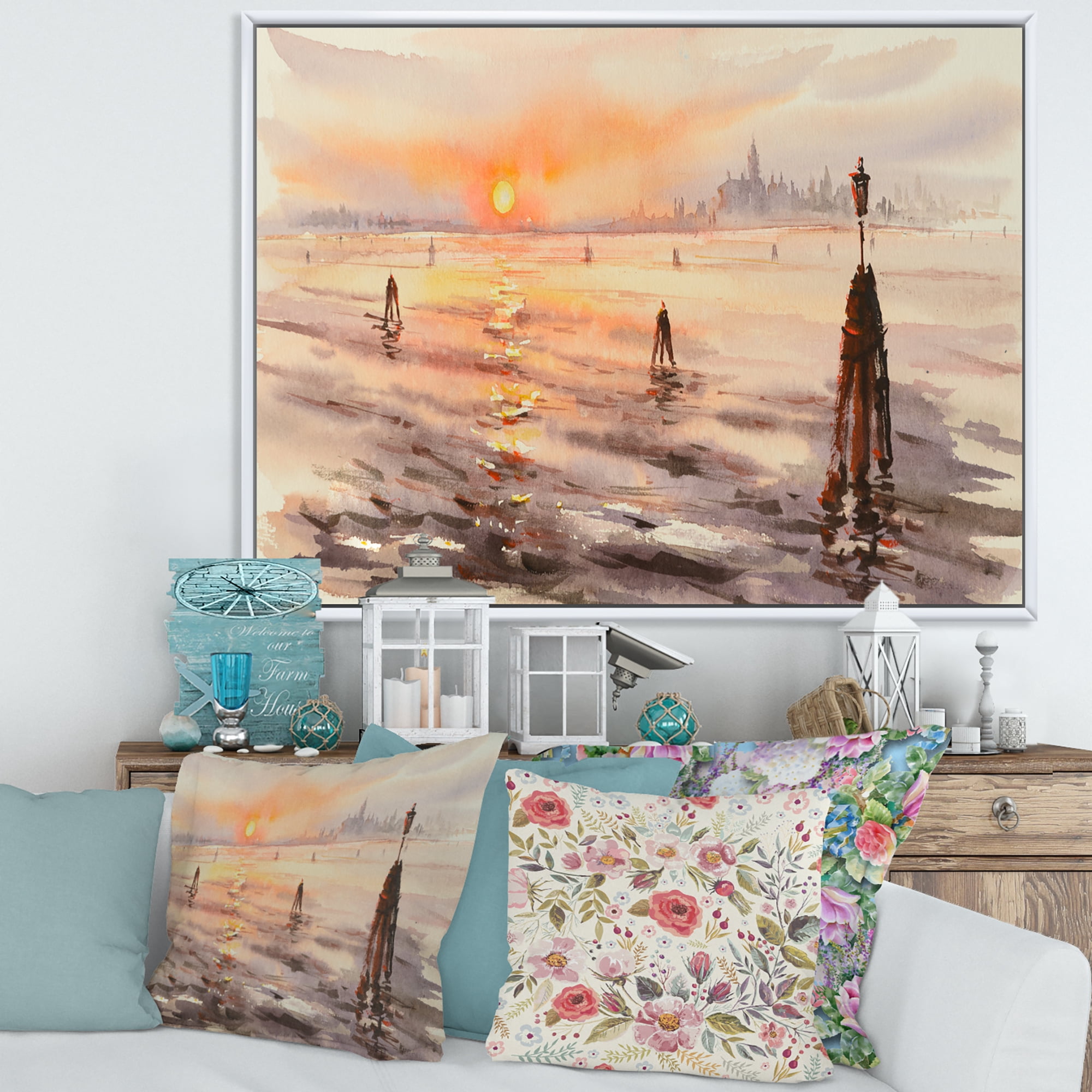 Designart 'Panorama of Venice Laguna Beach At Sunset' Nautical & Coastal Framed Canvas Wall Art Print