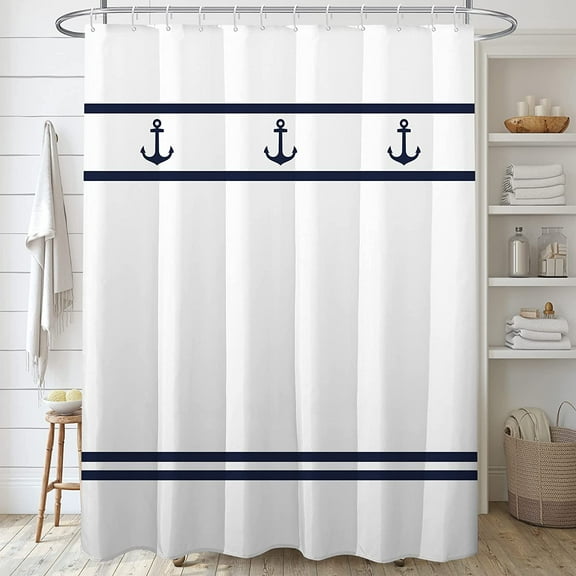 Navy Anchor Shower Curtain Sets for Bathroom, Blue White Striped Shower Curtains, Nautical Themed Bath Curtain Water Resistant, Polyester Fabric,Machine Washable with 12 Hooks 72x72in