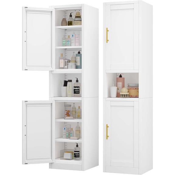 67" Tall Narrow Storage Cabinet Metal Bathroom Cabinet with 2 Doors & 4 Adjustable Shelves, Standing Pantry Cabinets Cupboard for Kitchen, Dining Room, Living Room and Bathroom (White)