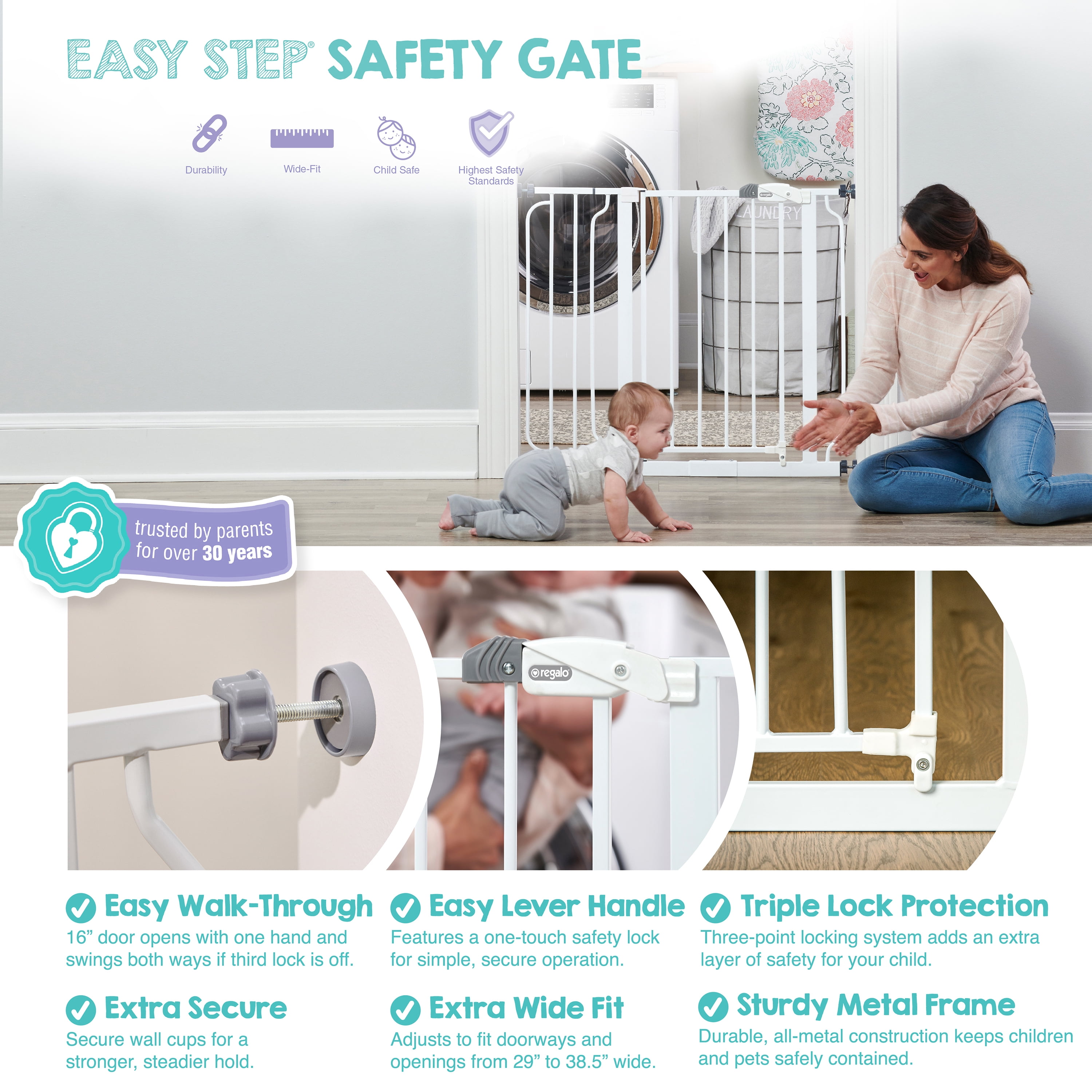 Regalo Easy Step 38.5-Inch Extra Wide Baby Gate, Includes 6-Inch Extension Kit, 4 Pack Pressure Mount Kit and 4 Pack Wall Mount Kit