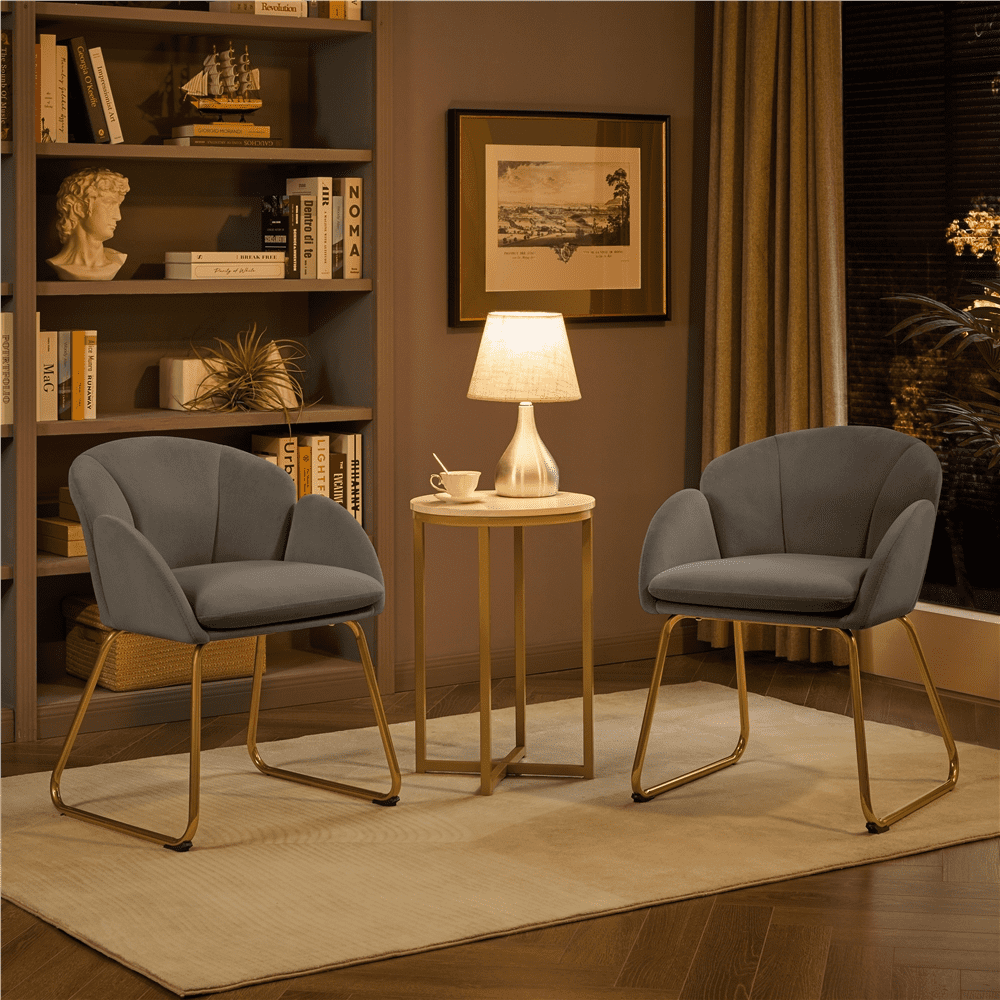 Alden Design Pack of 2 Velvet Armchair Dining Chair with Golden Metal Legs for Living Room/Bedroom/Kitchen, Gray