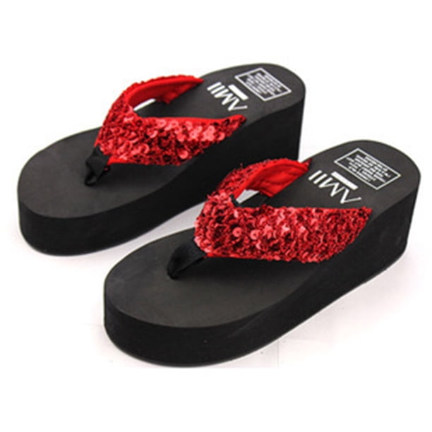 EeaseMX Sandalias de plataforma con purpurina para mujer, sandalias brillantes con tiras, sandalias de cuña antideslizantes, talla 40 (rojas)