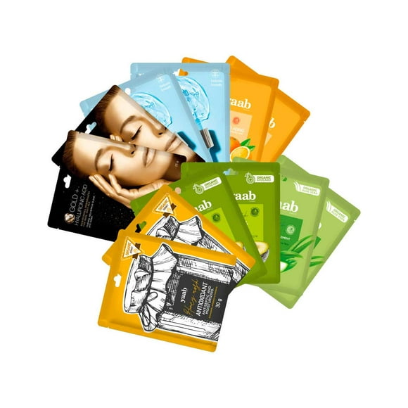 Paquete mix de 12 mascarillas faciales YAAB BEAUTY 2 VITAMIN C 2 BEAUTY HYALURONIC ACID 2 AVOCADO 2 ALOE VERA 2 24 K GOLD 2 ORGANIC HONEY