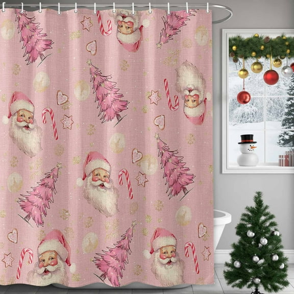 Christmas Vintage Shower Curtains for Bathroom, Pink Xmas Tree Santa Claus Candy Waterproof Fabric Shower Curtain for Bathroom Bathtub Decoration, Machine Washable, 72"x72"