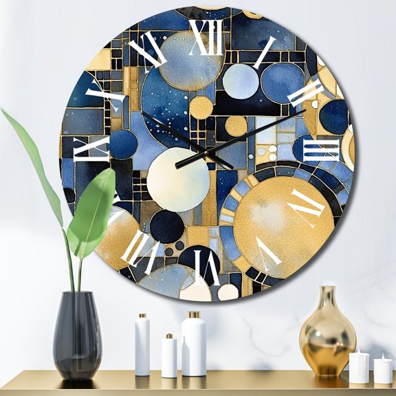 Designart "Abstract Pattern with Blue and Golden Textures XXII" Modern Geometric Oversized Wall Clock