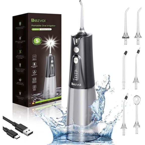 Cordless Water Flosser Dental Teeth Cleaner with 6 Jet Tips, DIY Mode 300ML Tank IPX7 Waterproof Portable Rechargeable Water Teeth Flosser Dental Oral Irrigator for Home and Travel, Black