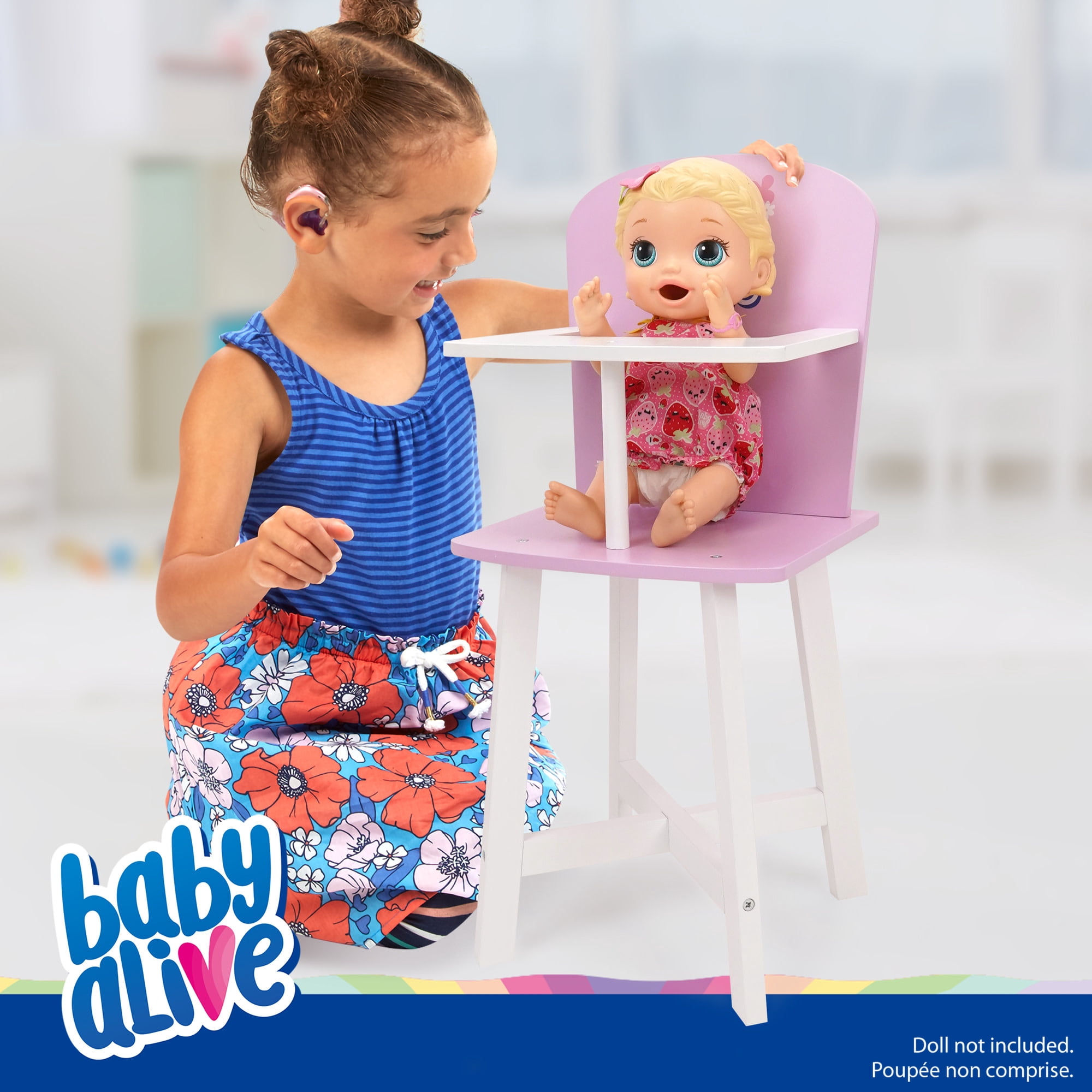 509 Crew: Baby Alive - Wooden Doll High Chair - Pink-White-Purple, Secure Seating, Doll & Plush Feeding Accessory, Nurturing Roleplay Toy, Kids 3+