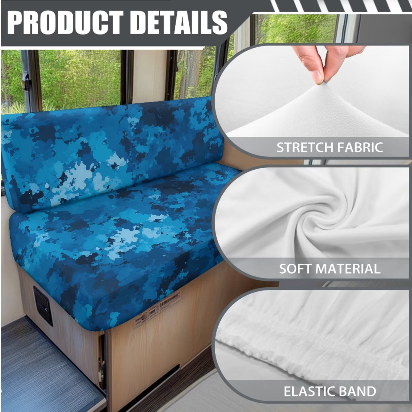 XYZCANDO Blue Camouflage Print RV Sofa Cover RV Couch Cushion Slipcovers Comfortable Loveseat Slipcovers for Travel Couch Stain Resistant Sofa Cover 2 Backrest Cover & 2 Bench Cover