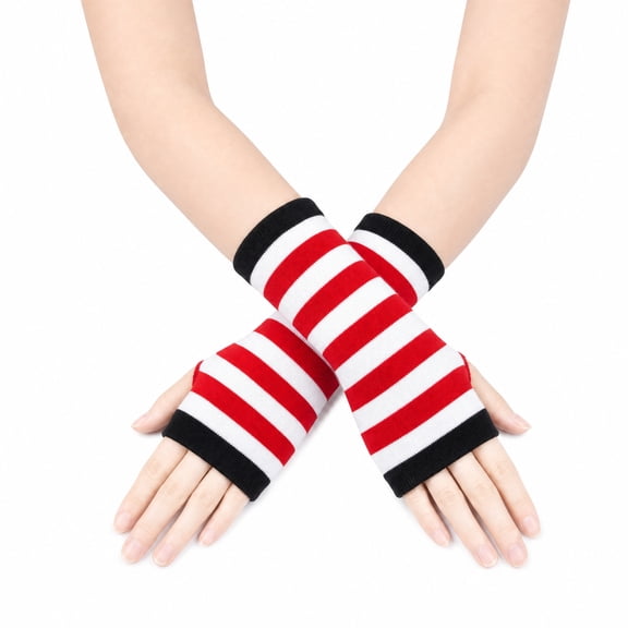 Unique Bargains 1 Pair Fingerless Gloves Knit Stripes Fashion Gloves Red, Black, White