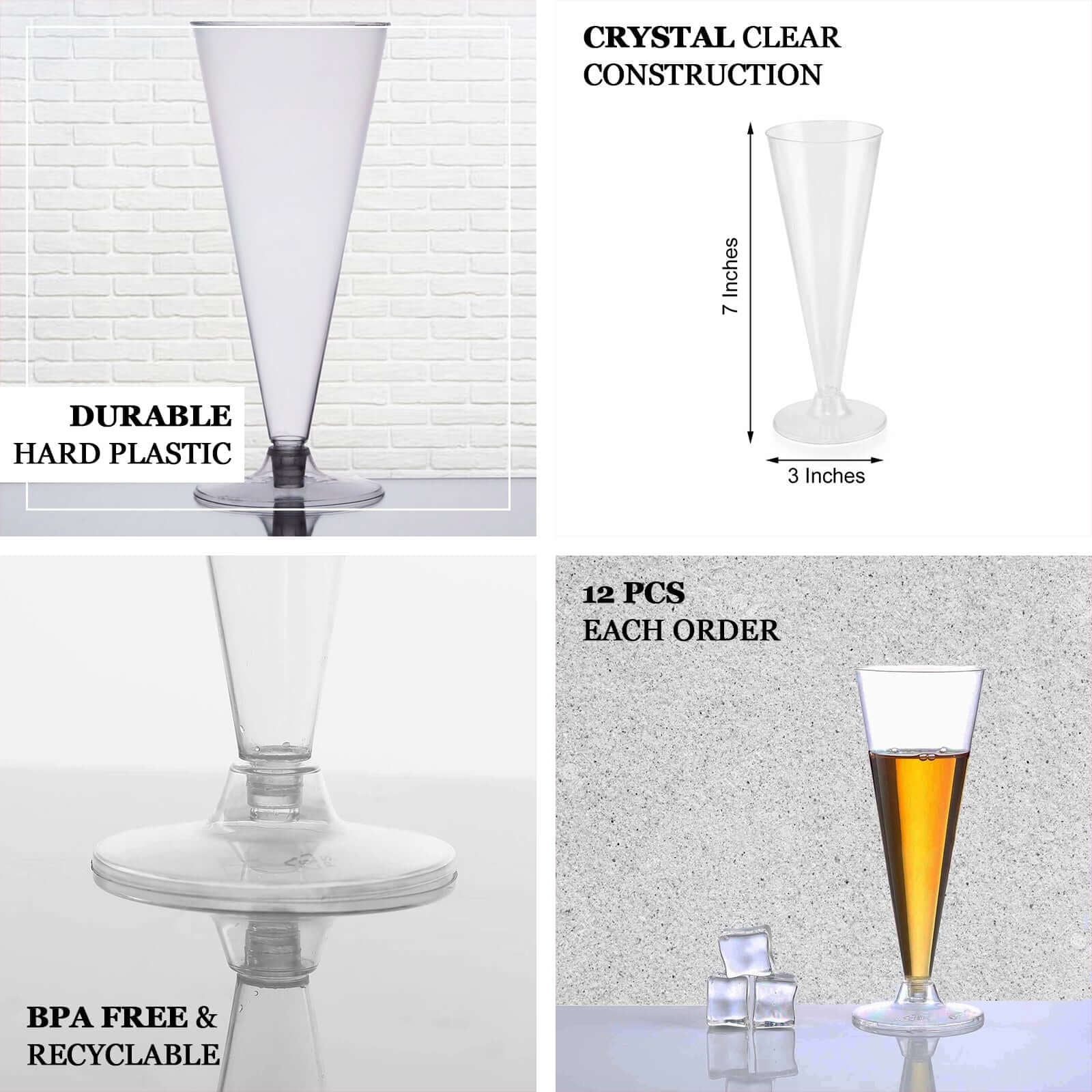 Efavormart 60 Pack 7oz Clear Plastic Disposable Champagne Flute Glasses, Trumpet Design | Detachable Base