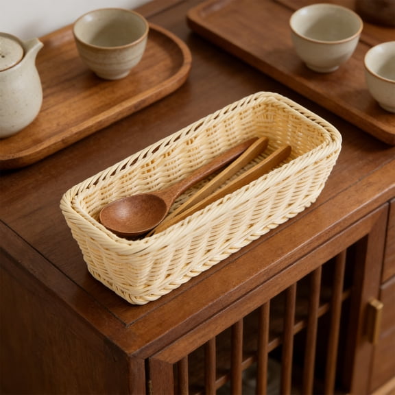 Hand Woven Storage Basket for Home and Office - Durable Plastic Organizing Box for Kitchen, Bathroom, and Desktop Use Beige