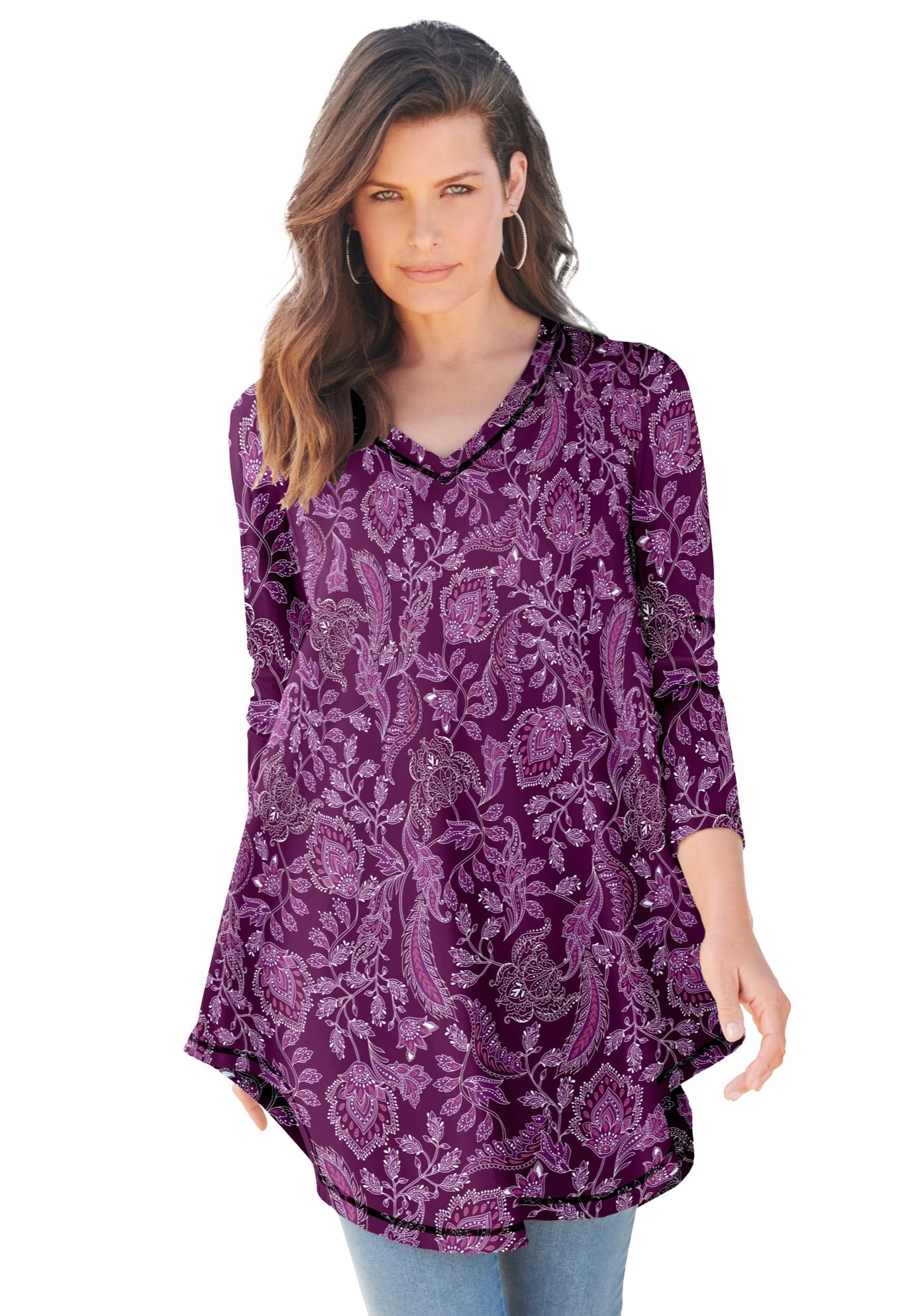 Roaman's Women's Plus Size V-Neck Thermal Waffle Maxi Tunic Long Sleeve Shirt Roaman's Women's Plus Size V-Neck Thermal Waffle Maxi Tunic Long Sleeve Shirt