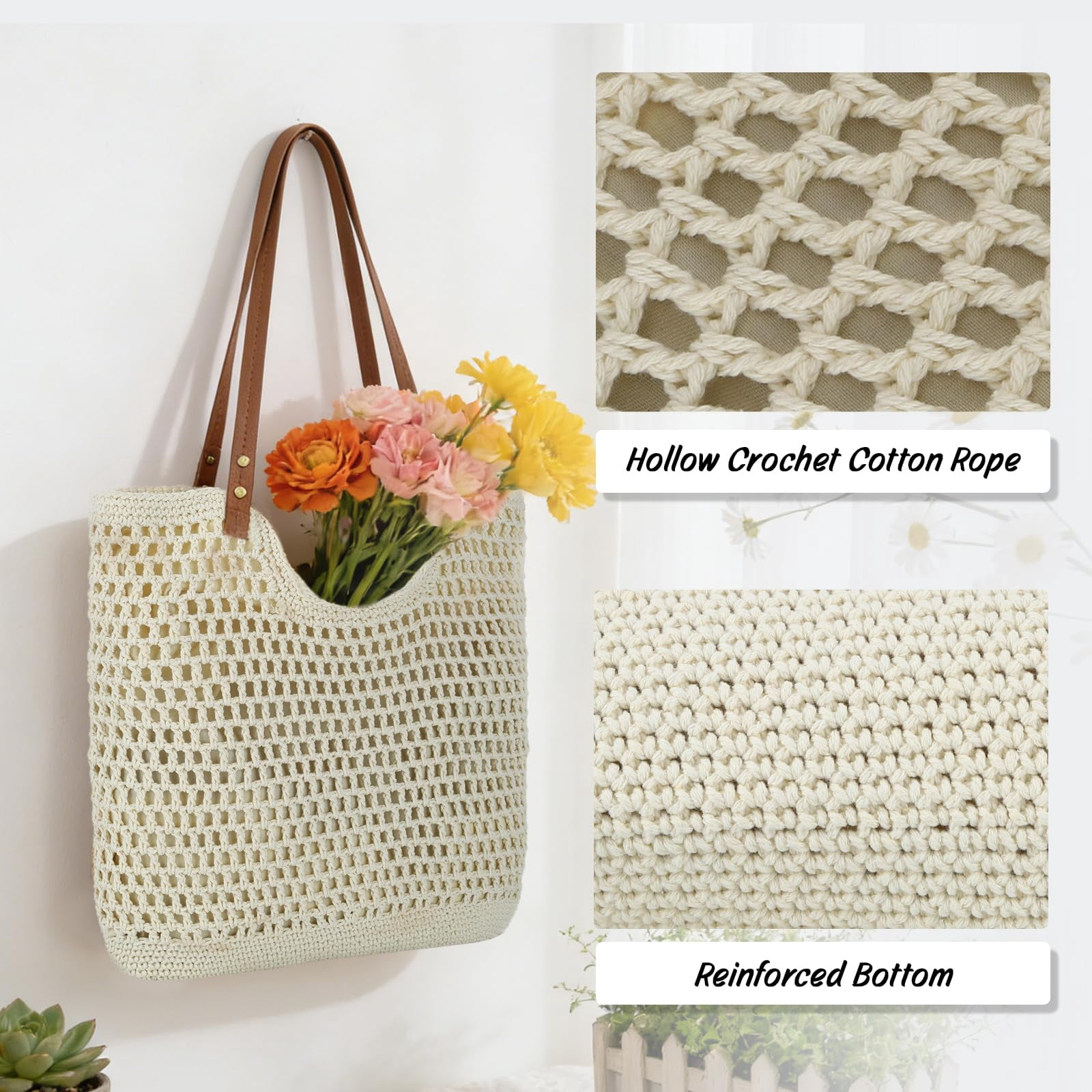 mirlewaiy Beach Bags for Women Woven Crochet Summer Purse 2026 | Boho Tote Bag, 13.8" Large Capacity, Tote Bag with Zipper, Foldable Packable, Beach Shipping, Vacation Purse