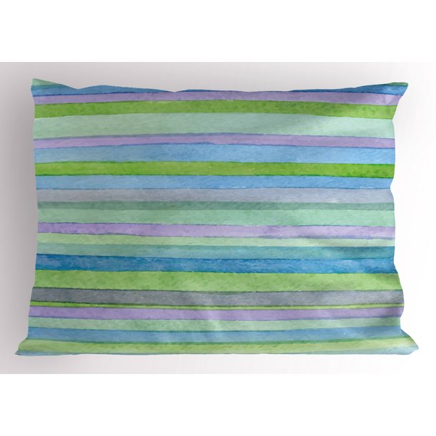 Blue Pillow Sham Hand Drawn Style Watercolor Striped Pattern Soft