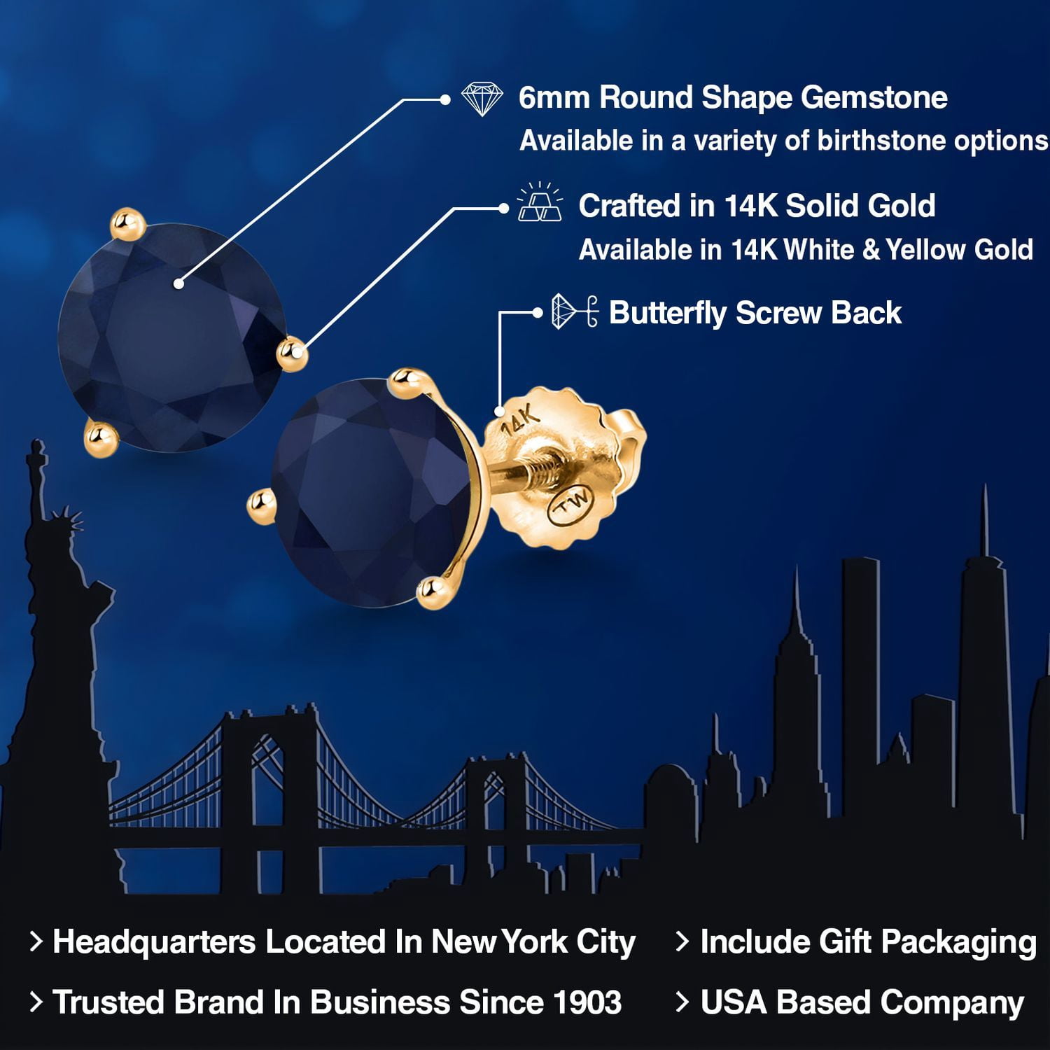 Gem Stone King 14K Yellow Gold Blue Sapphire 3 Prong Martini Screw Back Stud Earrings for Women Men (2.00 Cttw, Gemstone September Birthstone, Round 6MM)