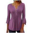 thumbnail image 3 of VKOYWKM 3/4 Length Sleeve Women Tops Hide Belly Shirt Dressy Casual Pleated Blouses Button V Neck Bell Sleeve Empire Waist Tunic Tops, 3 of 6