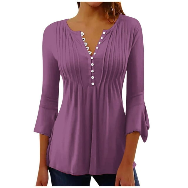 Timegard Summer Top for Women Notched V Neck Button Tunic Top Ruffle 3/4 Sleeve Comfy Casual Tee