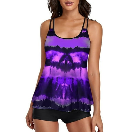 Rigardu Womens 2025 Tankini Swimsuits Tummy Control Flowy Swimwear Two Piece Bathing Suits Swim Tank Top with Boyshorts Swimwear with Boyshorts Flowy Suits for Women Tankinis Set Purple Xxl
