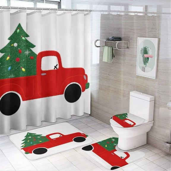 Red Truck with Christmas Tree Shower Curtain Set Modern Bathroom Decor Mats 4pcs Fabric Bathroom Curtain Slip Floor Rug Toilet Lid