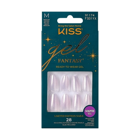 KISS Gel Fantasy Sculpted Holiday Press-On Nails, Tinsel, Solid Pink, Medium, Coffin, 28 Ct.